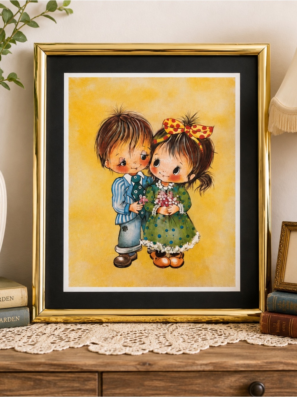 Vintage 1970s Big Eye Kids Framed Wall Art Gold Frame Retro Nursery Decor - Picture 1 of 3